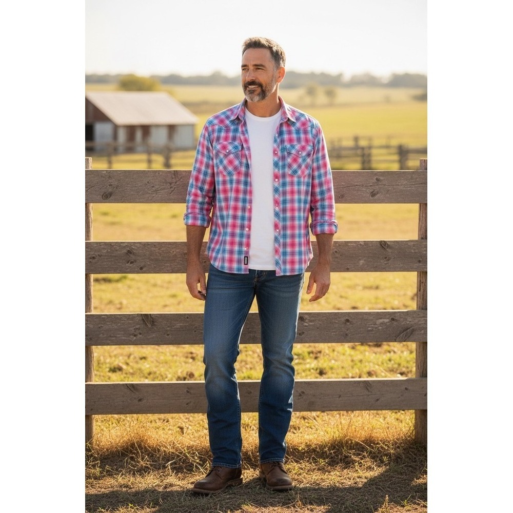 Wrangler Western Pearl Snap Plaid Shirt Mens XL Red Blue Long Sleeve bushwhacker